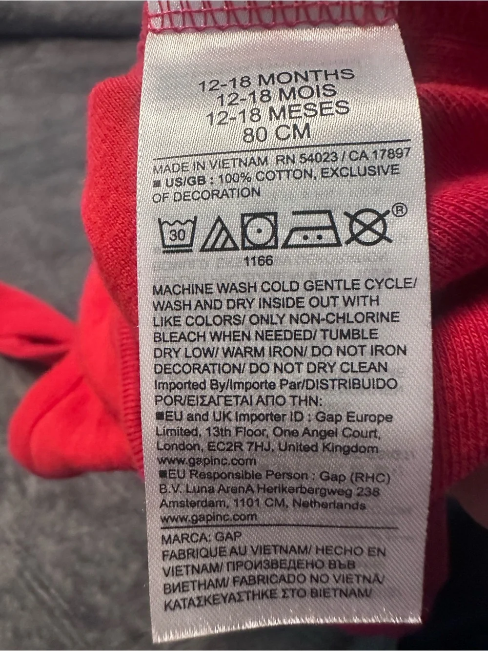 Baby GAP LOVE U Red Long Sleeve Bodysuit 12–18M
